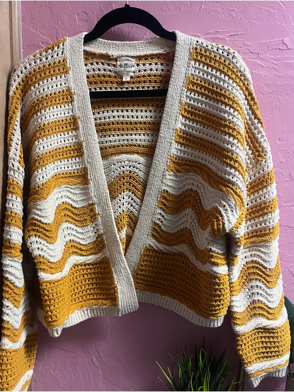 Effeci crochet Striped Cardigan in Mustard & white/Cream